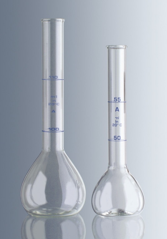 Fioles jaugées, Classe A avec 2 traits, Repères : 50 + 55 ml, Tolérance : ± 0,06 ml
