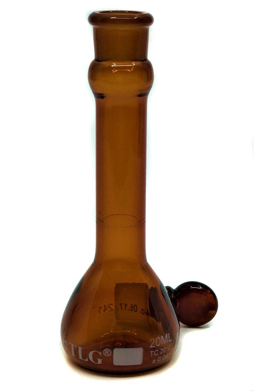 Fiole jaugée, ambre faiblement actinique, 20 ml, col large, bouchon en verre n° 13, classe A, Selon les normes USP