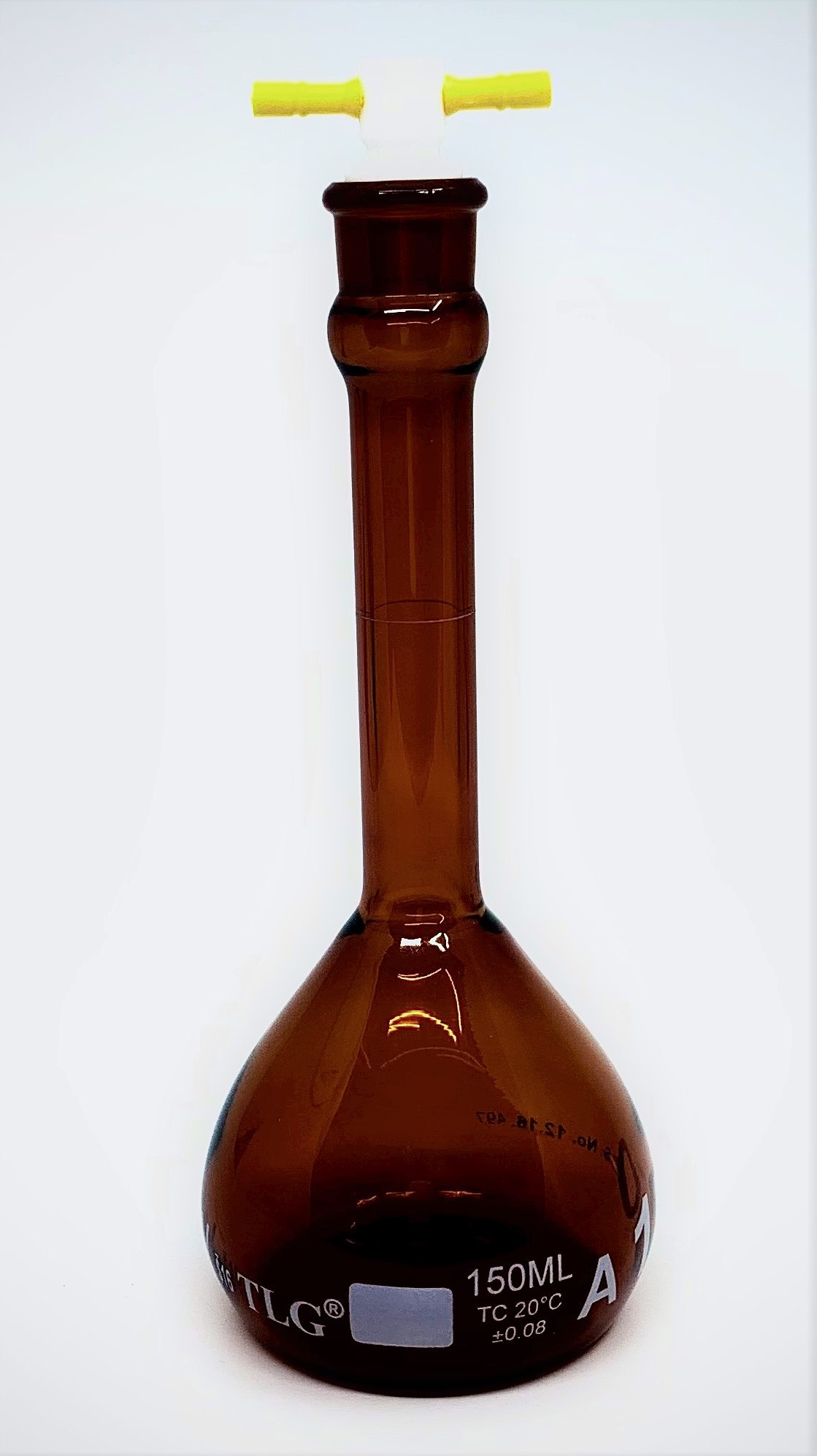 Volumetric Flask, Low Actinic Amber, 150mL, Wide Mouth, PTFE Stopper#16, Class A, As Per USP Standards
