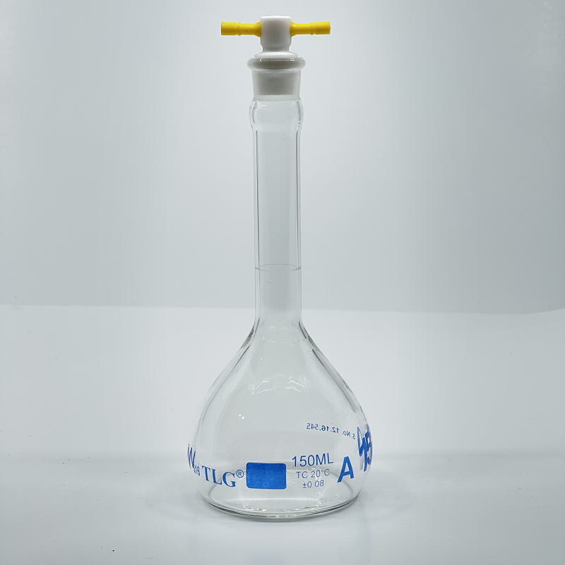 Volumetric Flask, 150mL, Serialized and Certified, Heavy Duty, Wide Mouth, Clear, PTFE Stopper# 16, Class A, As Per USP Standards