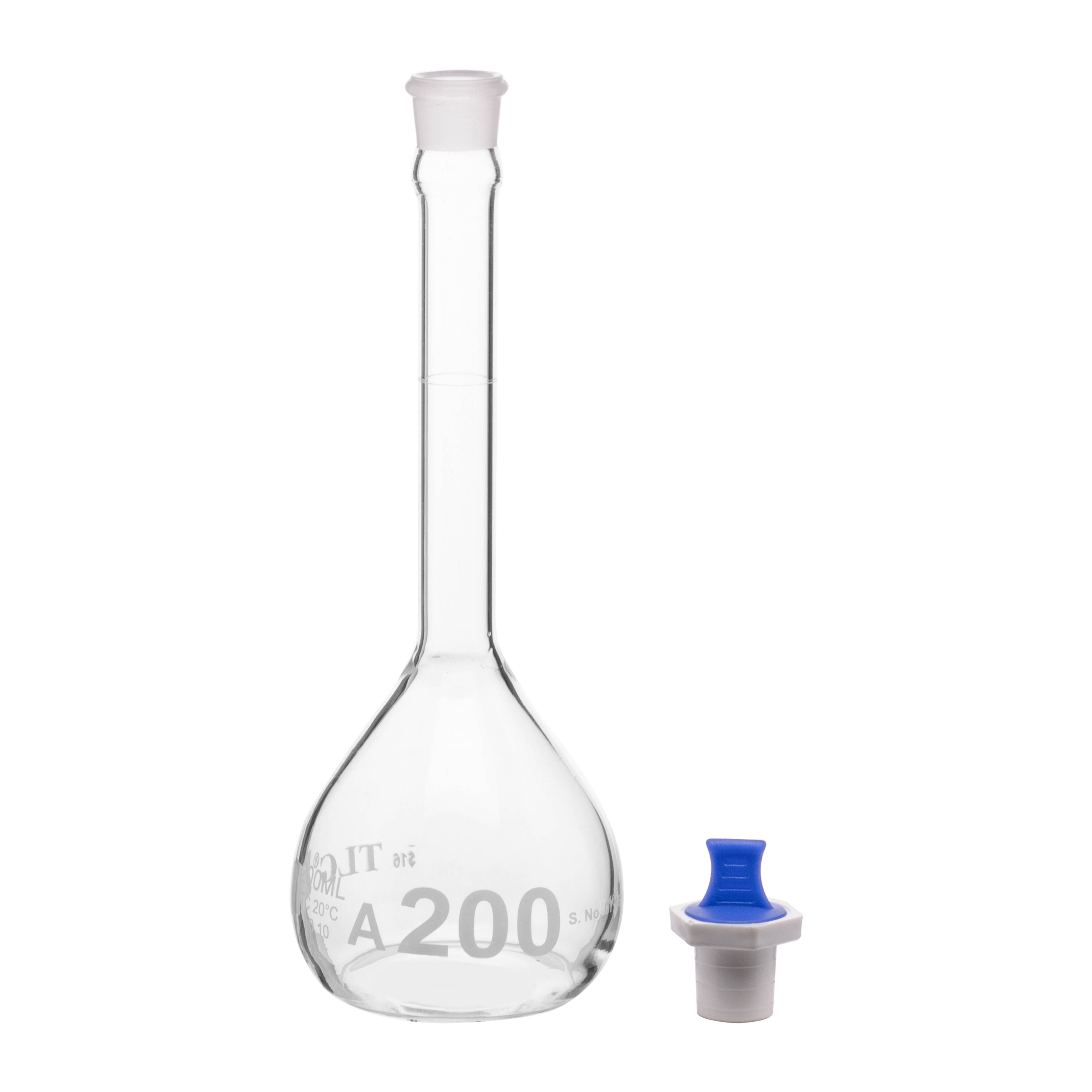 Fiole jaugée, 200 ml, bouche étroite, bouchon PE n° 16, classe A, normes USP