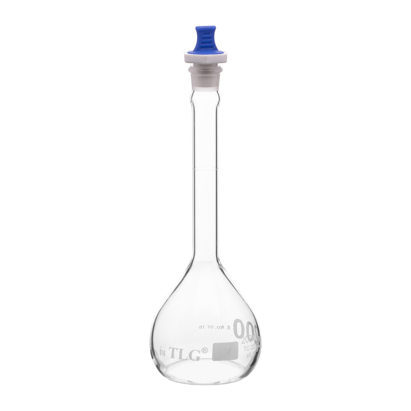 Fiole jaugée, 200 ml, bouche étroite, bouchon PE n° 16, classe A, normes USP
