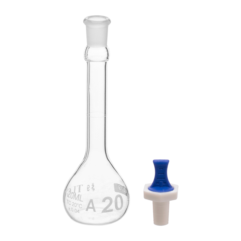 Fiole jaugée, 20 ml, bouche étroite, bouchon PE n° 9, classe A, normes USP