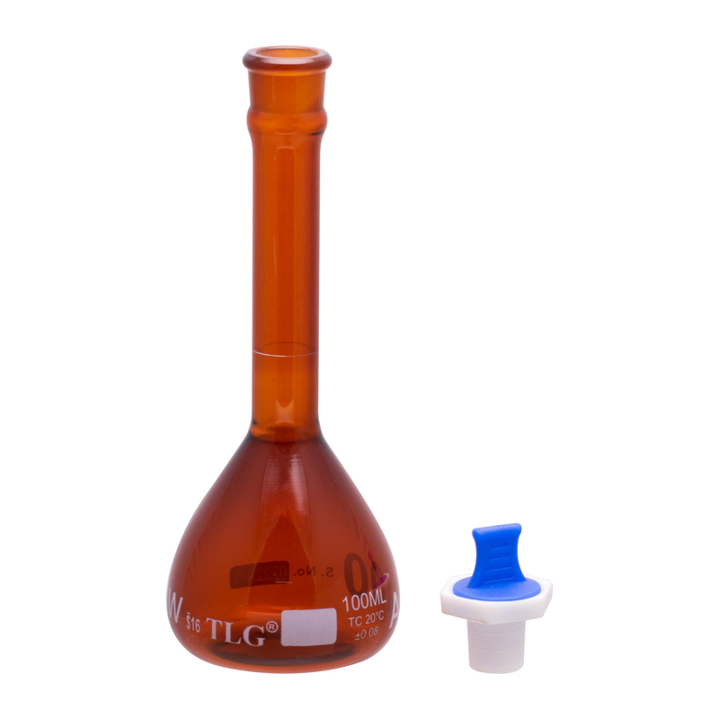 Fiole jaugée, numérotée et certifiée avec une graduation de classe A, col large, ambre, capacité 100 ml, bouchon en PP taille # 16, Selon les normes USP