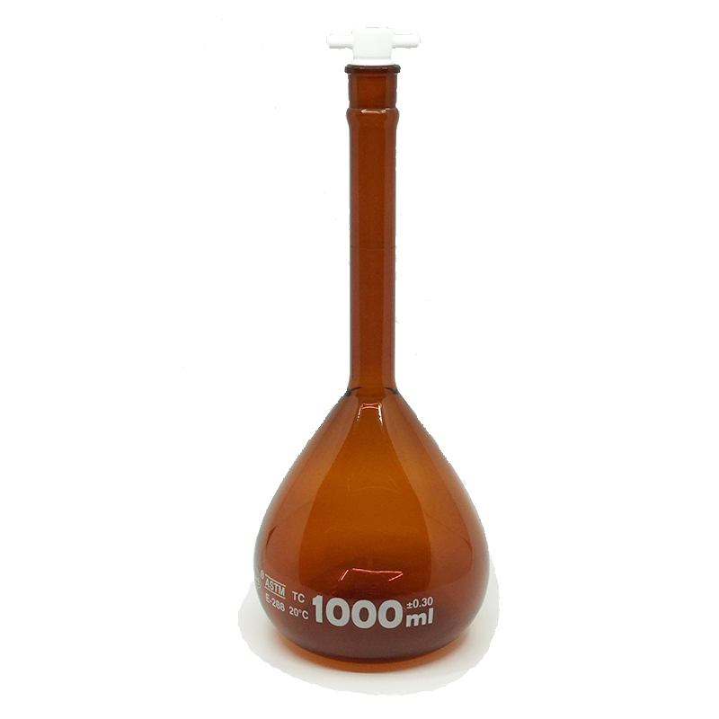 Fiole jaugée, ambre faiblement actinique, 1000 ml, col large, bouchon PTFE n° 22, classe A, Selon les normes USP